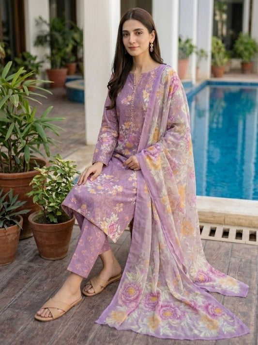 Lavender Bloom Digital Printed Lawn 3-Piece Unstitched Suit | Binteazam