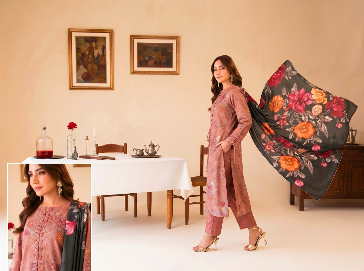 Binteazam Rose Dust Lawn 3-Piece Unstitched | Digital Print BAA-05007