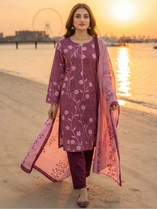Binteazam Digital Printed Lawn 3-Piece Unstitched Suit – Plum Floral