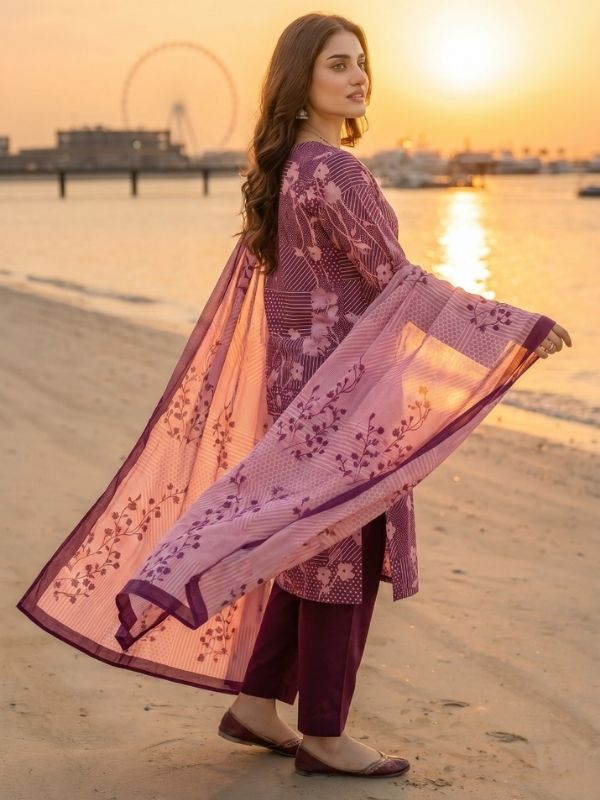 Binteazam Digital Printed Lawn 3-Piece Unstitched Suit – Plum Floral
