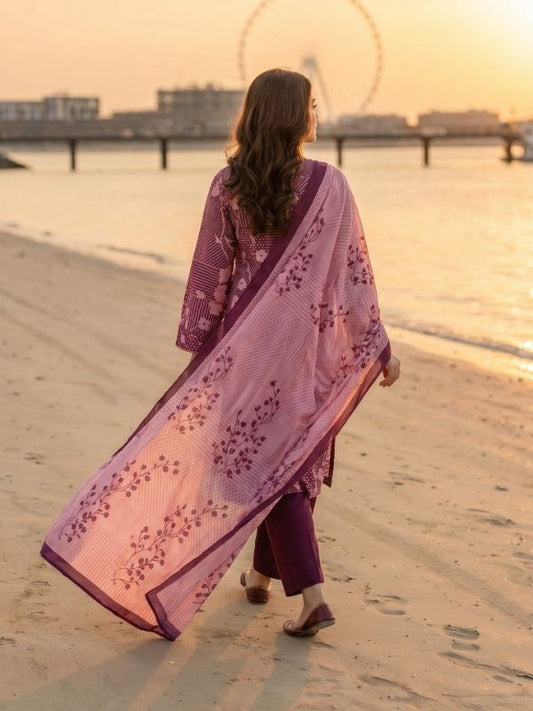 Binteazam Digital Printed Lawn 3-Piece Unstitched Suit – Plum Floral
