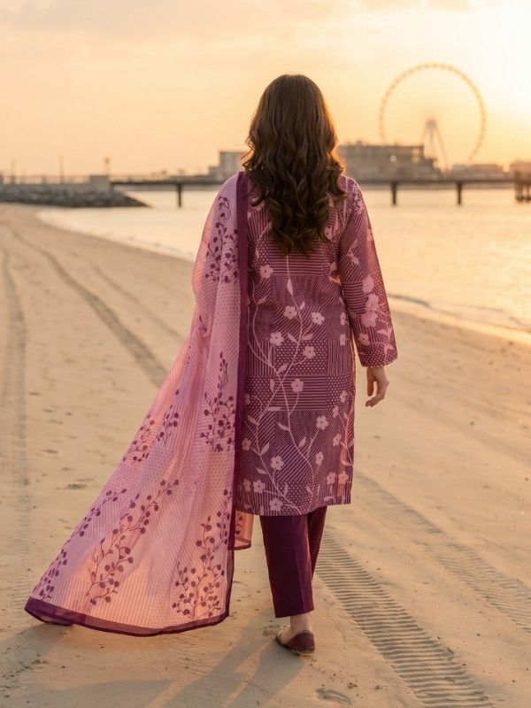 Binteazam Digital Printed Lawn 3-Piece Unstitched Suit – Plum Floral
