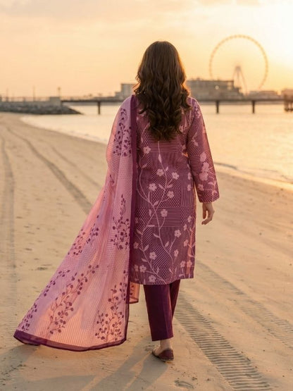 Binteazam Digital Printed Lawn 3-Piece Unstitched Suit – Plum Floral
