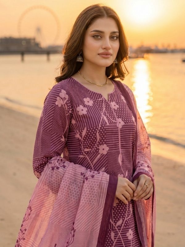 Binteazam Digital Printed Lawn 3-Piece Unstitched Suit – Plum Floral
