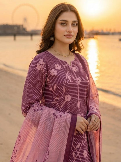 Binteazam Digital Printed Lawn 3-Piece Unstitched Suit – Plum Floral
