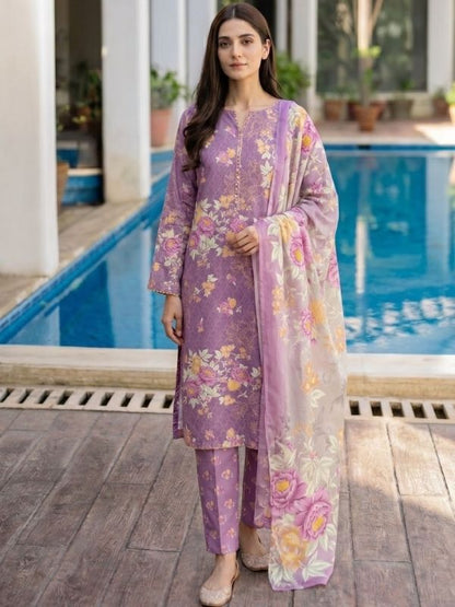 Lavender Bloom Digital Printed Lawn 3-Piece Unstitched Suit | Binteazam
