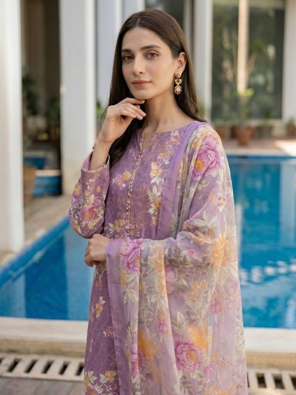 Lavender Bloom Digital Printed Lawn 3-Piece Unstitched Suit | Binteazam
