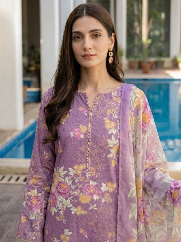 Lavender Bloom Digital Printed Lawn 3-Piece Unstitched Suit | Binteazam

