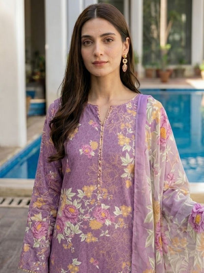 Lavender Bloom Digital Printed Lawn 3-Piece Unstitched Suit | Binteazam
