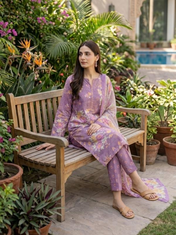 Lavender Bloom Digital Printed Lawn 3-Piece Unstitched Suit | Binteazam
