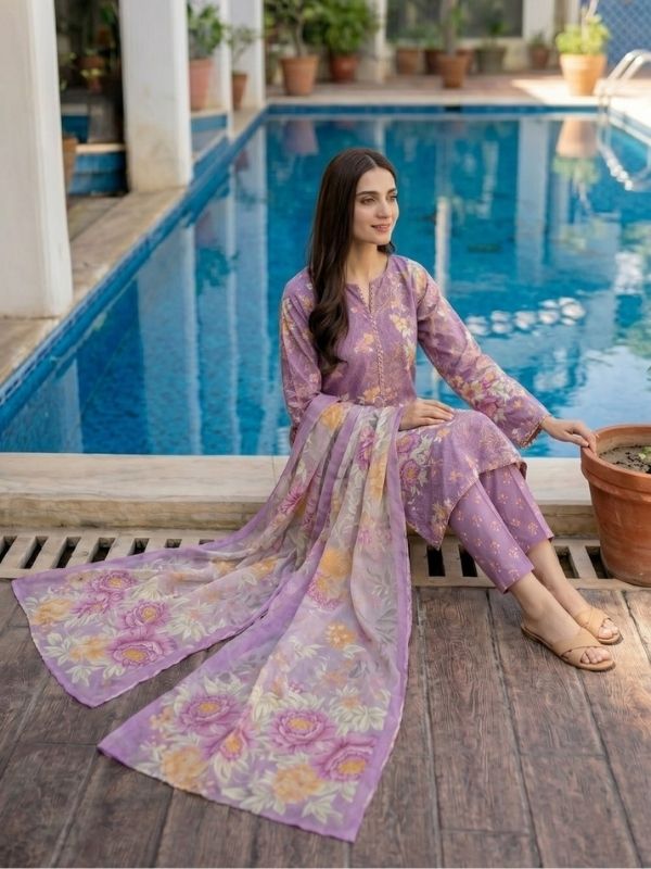 Lavender Bloom Digital Printed Lawn 3-Piece Unstitched Suit | Binteazam
