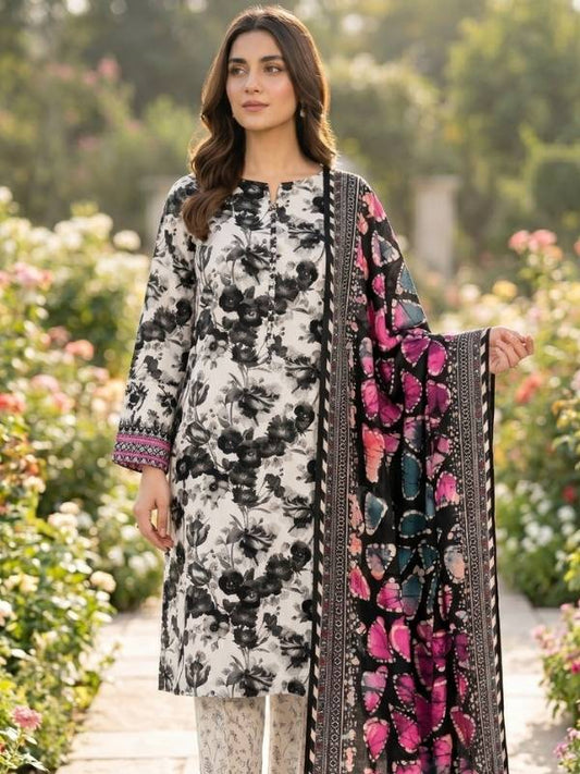 Monochrome Garden | Digital Printed Lawn 3-Piece Unstitched | Binteazam BAA-05008