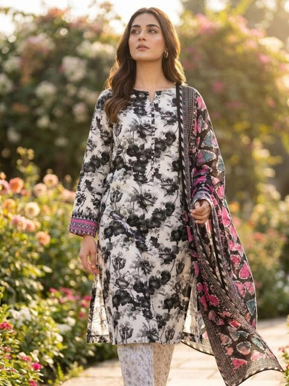 Monochrome Garden | Digital Printed Lawn 3-Piece Unstitched | Binteazam BAA-05008