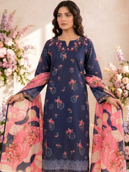 Navy Rose Digital Printed Lawn 3-Piece Unstitched Suit | Binteazam

