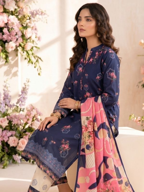 Navy Rose Digital Printed Lawn 3-Piece Unstitched Suit | Binteazam
