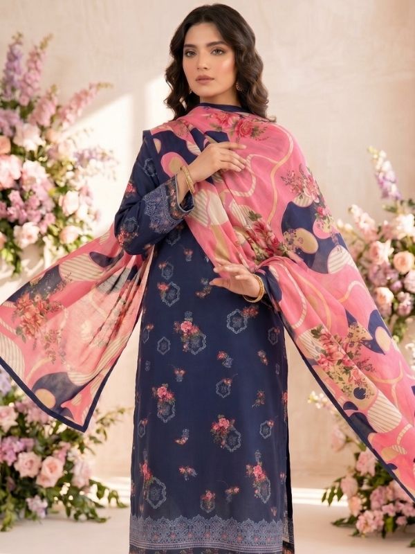 Navy Rose Digital Printed Lawn 3-Piece Unstitched Suit | Binteazam
