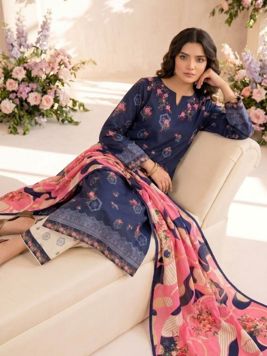 Navy Rose Digital Printed Lawn 3-Piece Unstitched Suit | Binteazam
