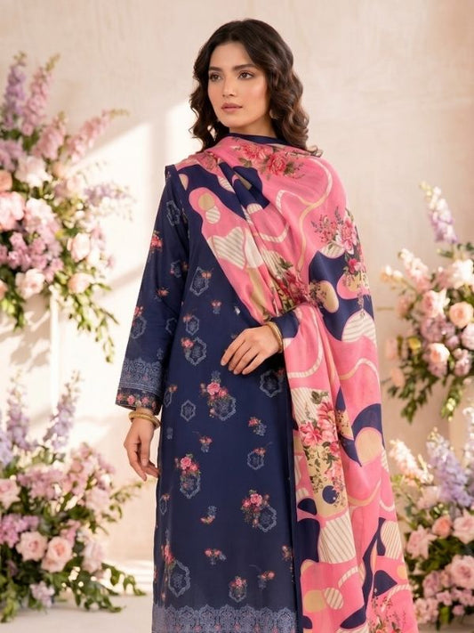 Navy Rose Digital Printed Lawn 3-Piece Unstitched Suit | Binteazam
