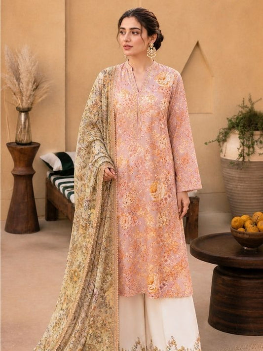 Peach Blossom Digital Printed Lawn 3-Piece Unstitched Suit | Binteazam
