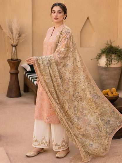 Peach Blossom Digital Printed Lawn 3-Piece Unstitched Suit | Binteazam
