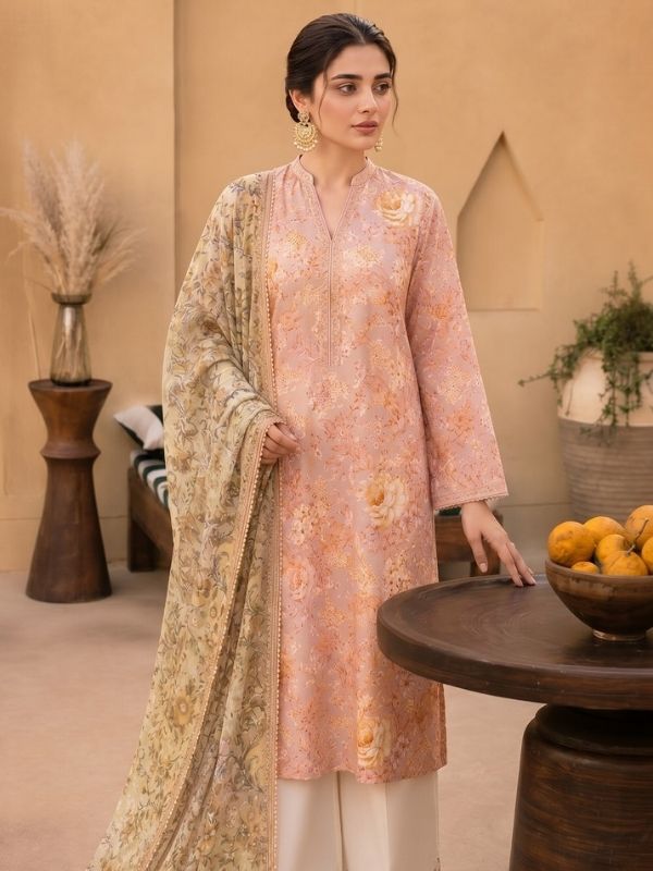 Peach Blossom Digital Printed Lawn 3-Piece Unstitched Suit | Binteazam
