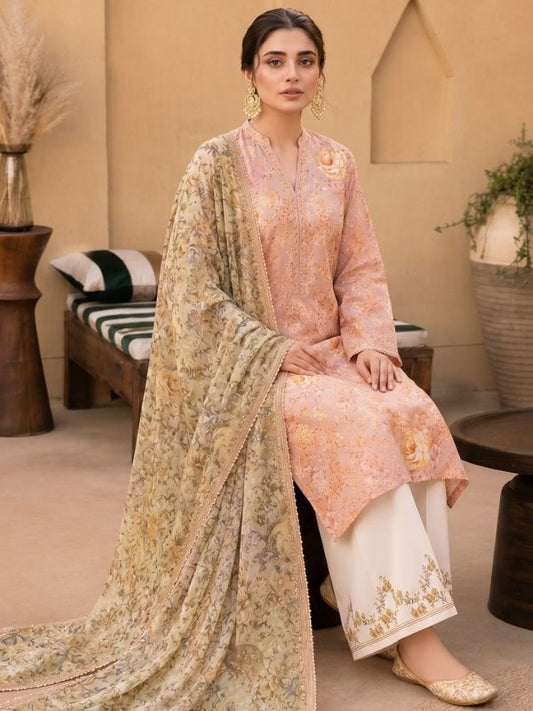 Peach Blossom Digital Printed Lawn 3-Piece Unstitched Suit | Binteazam
