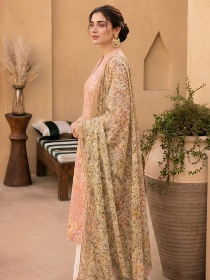 Peach Blossom Digital Printed Lawn 3-Piece Unstitched Suit | Binteazam

