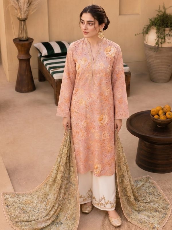 Peach Blossom Digital Printed Lawn 3-Piece Unstitched Suit | Binteazam
