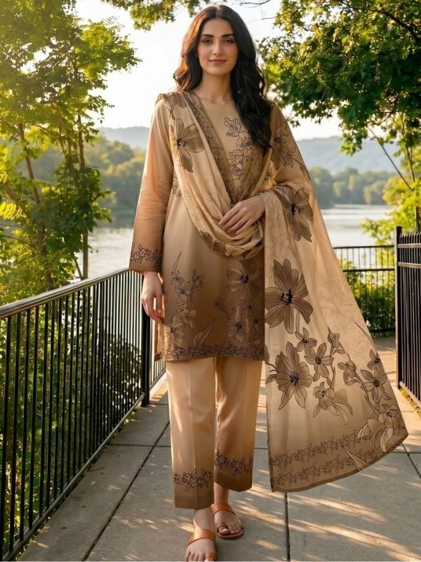 Binteazam Camel Lily Digital Printed Lawn 3-Piece Unstitched Suit
