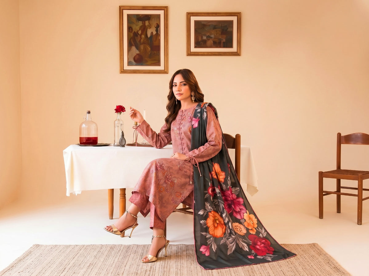 Binteazam Rose Dust Lawn 3-Piece Unstitched | Digital Print BAA-05007