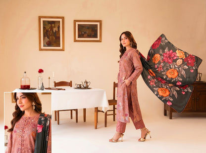 Binteazam Rose Dust Lawn 3-Piece Unstitched | Digital Print BAA-05007