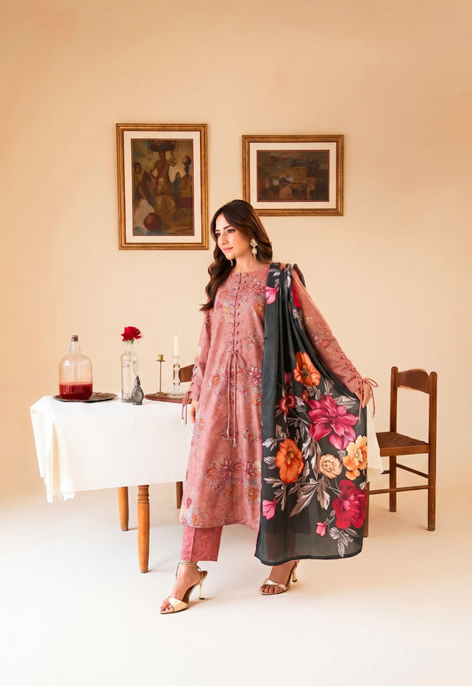 Binteazam Rose Dust Lawn 3-Piece Unstitched | Digital Print BAA-05007